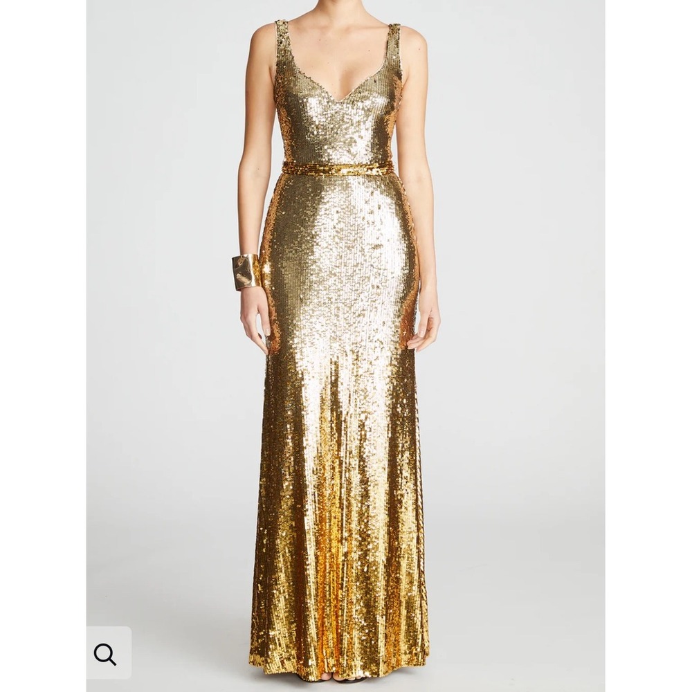 Halston Heritage Zahra Gold Degrade Sequin Column Gown Evening Dress Sz 4
